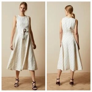 TED BAKER LONDON Caryla A-line Belted Spot Midi Dress in Ivory Size 3